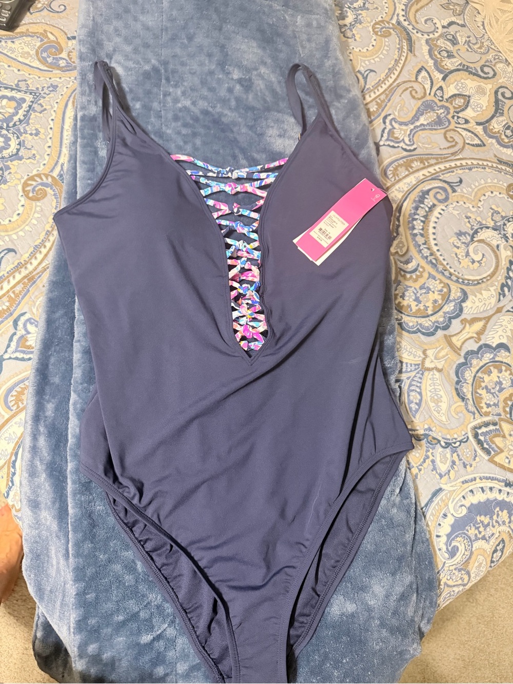 Lilly Pulitzer Navy One-Piece Swimsuit with Pink & Multicolor Lattice